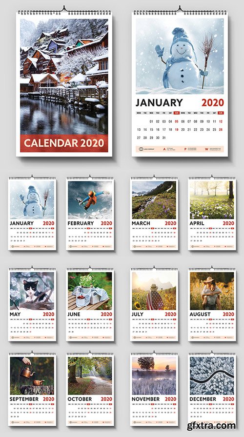 2020 Wall Calendar Layout with Red Accents 307432823