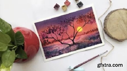 Purple sunset - Landscape Painting with watercolors