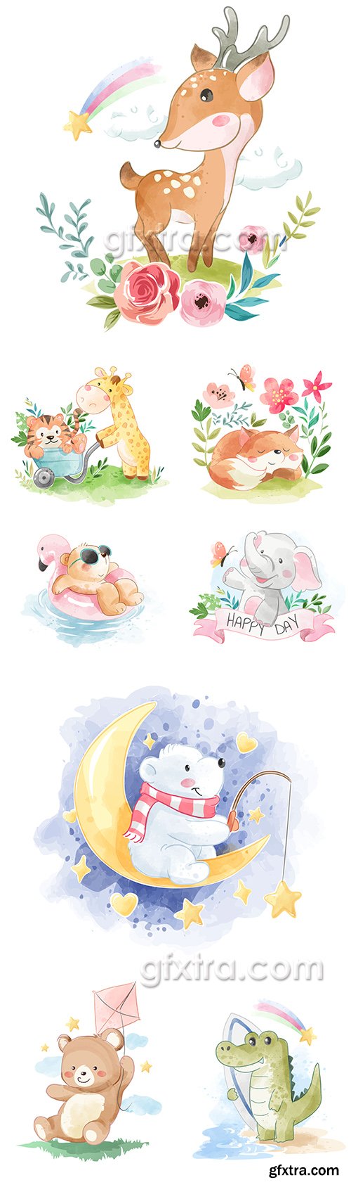 Funny animals decorative flowers watercolor illustrations 5