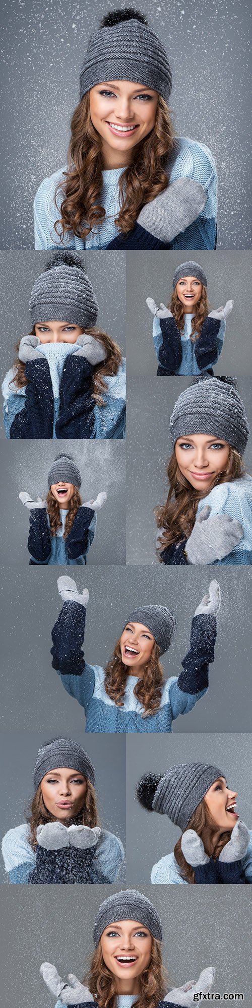 Cute girl in winter hat and wares with snowflakes