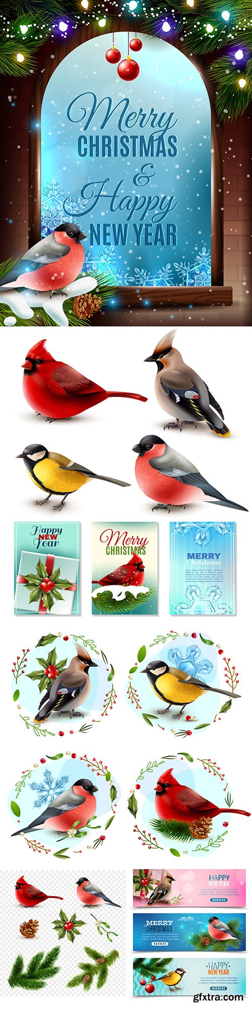 Christmas bullfinch and decorative elements 3d illustration