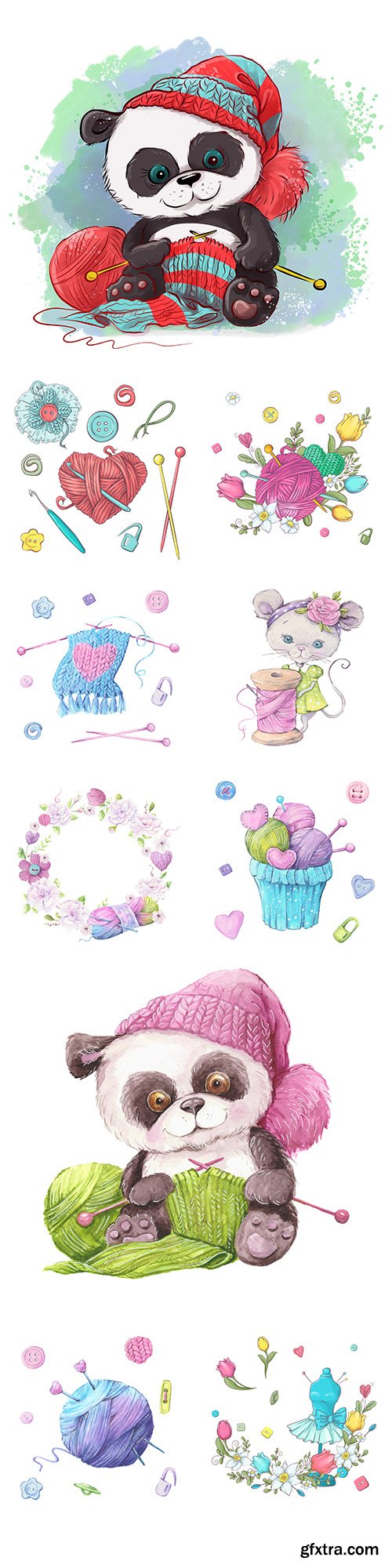 Cute animals and kit for knitting watercolor illustrations