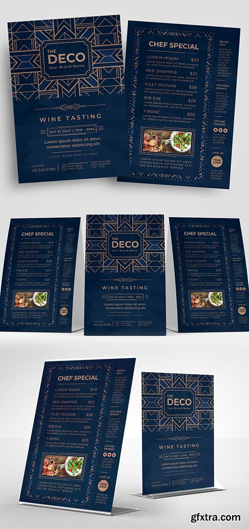 Art Deco Menu Layout with Blue and Gold Elements 307938484