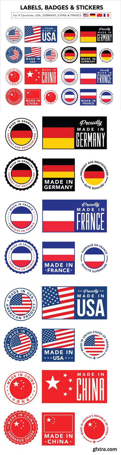 Made in USA, Germany, China & France Labels, Badges & Stickers in Vector