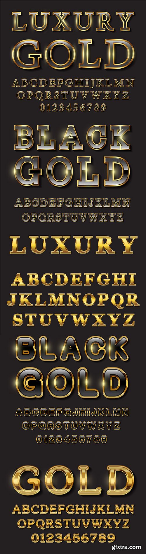 Black font and alphabet with gold stroke text effect
