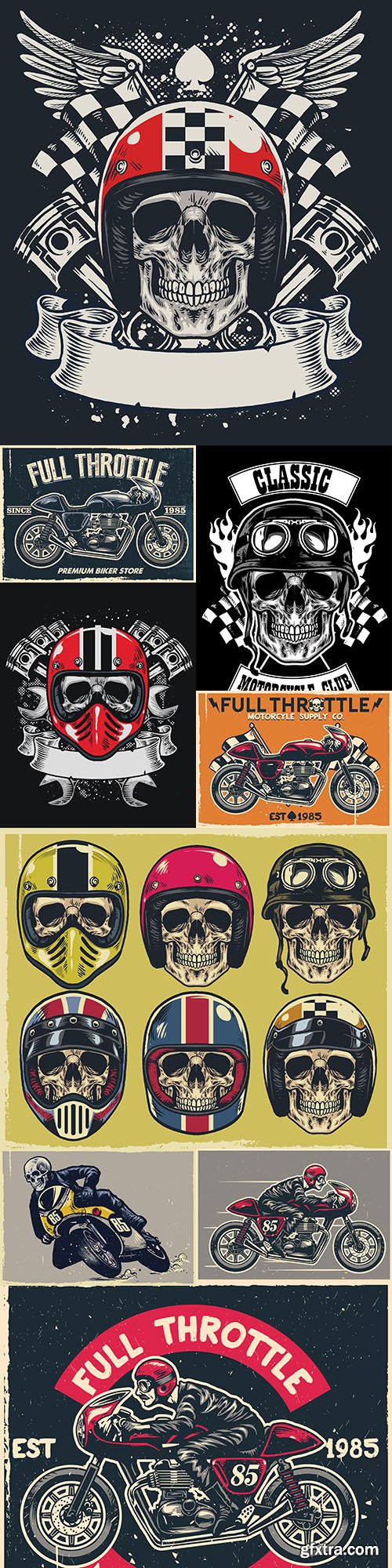 Skull and racer on motorcycle grunge design illustrations