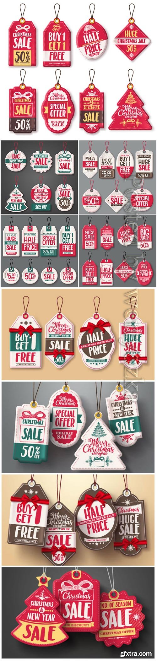 Christmas hanging sale tags vector set in white color with different shapes and greetings