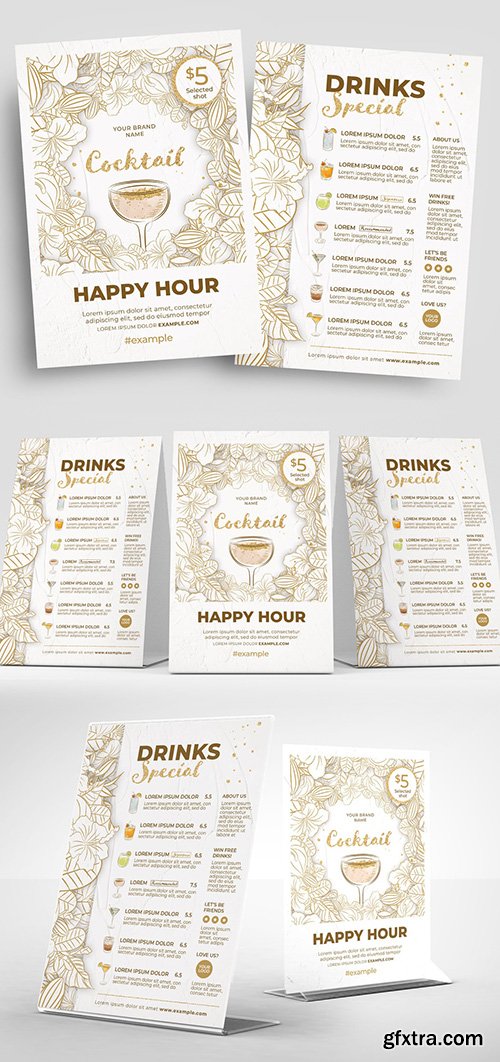 Cocktail Bar Menu Flyer Layout with Minimalist Floral Illustrations 308546147