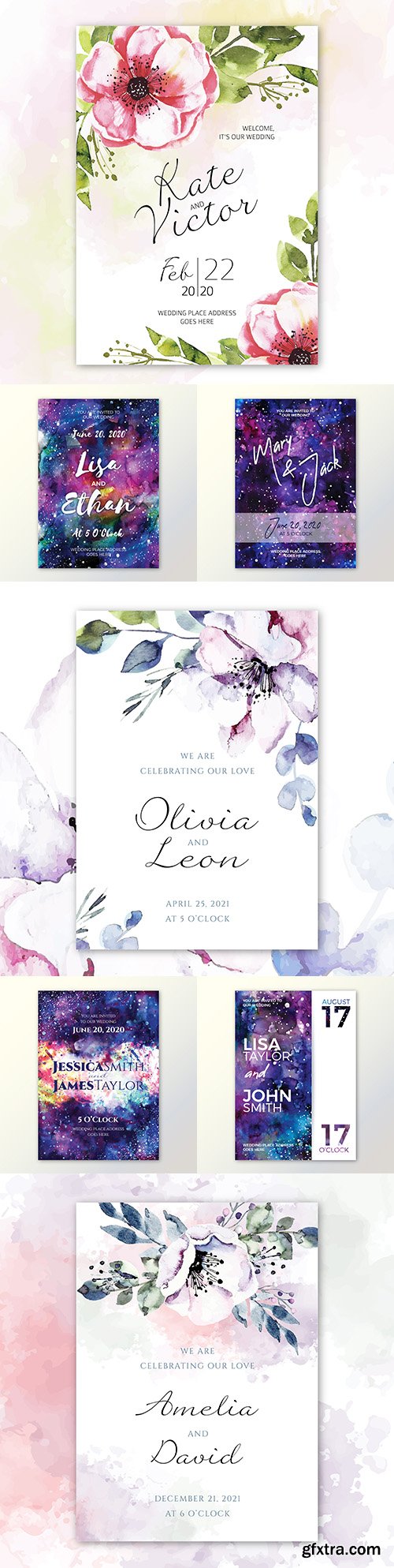 Galaxy and decorative flowers invitation wedding watercolor