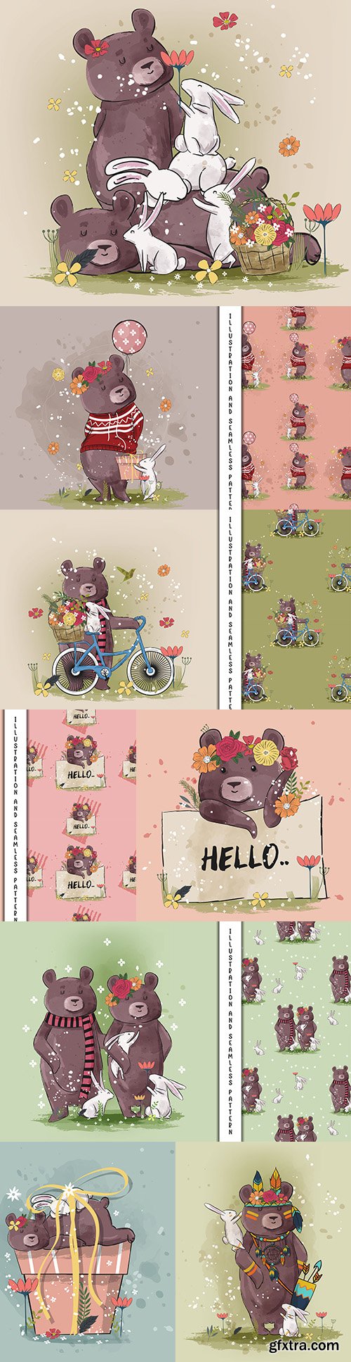 Bear with rabbits and flowers decorative poster design