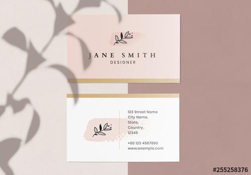 Business Card with Pink Brushtroke Element and Line Art Floral Illustration - 255258376