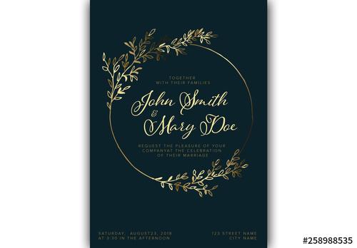 Wedding Invitation Layout with Gold Foliage Elements - 258988535