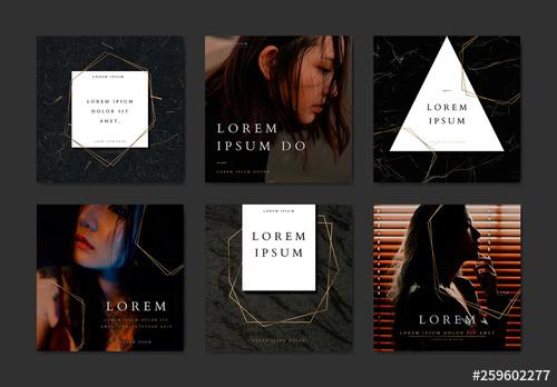 Dark Social Media Post Layouts with Gold Geometric Accents - 259602277