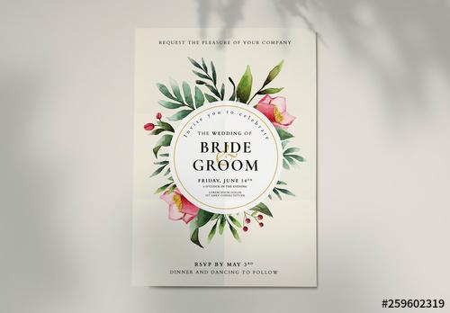 Wedding Invitation Layout with Watercolor Floral Elements - 259602319
