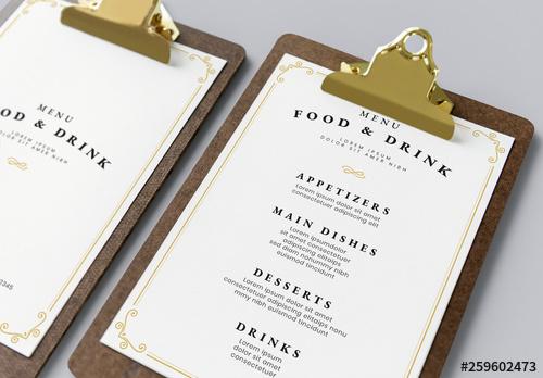 Menu Layout with Tan and Yellow Ornamental Accents - 259602473