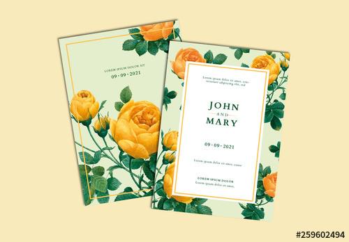 Wedding Invitation Layout with Yellow and Green Floral Elements - 259602494