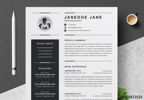 Black and White Resume, Cover Letter, and Reference Sheet Layout - 250472525