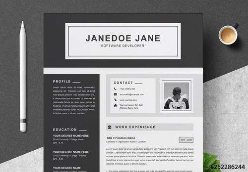Black and Gray Resume, Cover Letter, and Reference Sheet Layout - 252286244