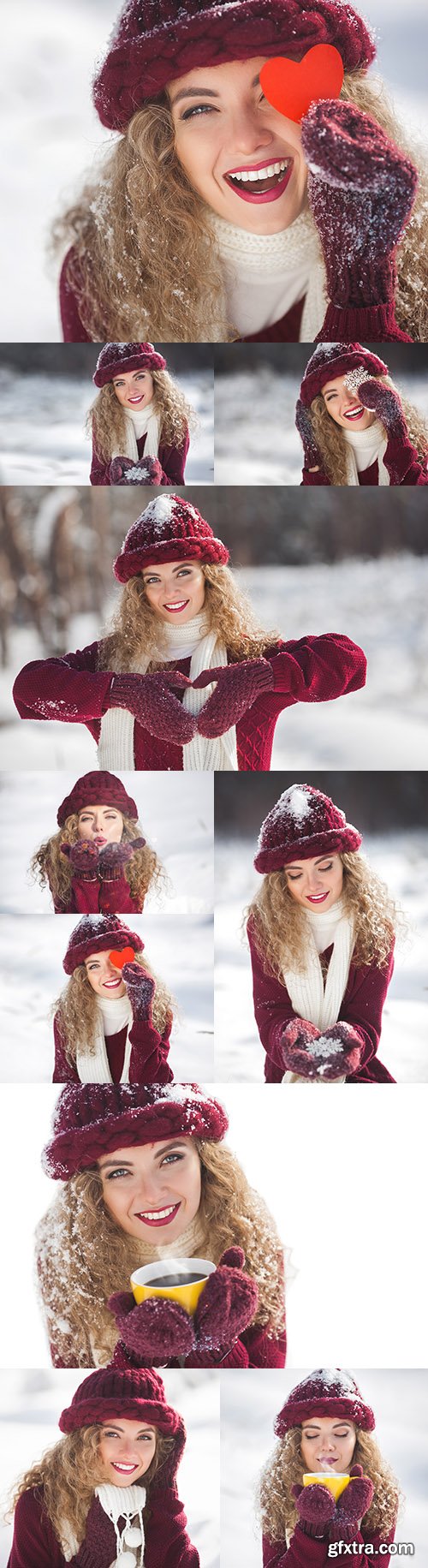 Young girl in cold with decorative heart and snowflake
