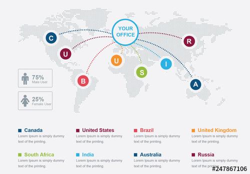 World Map Office Locations Infographic Layout - 247867106