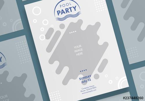 Pool Party Poster Layout with Wave and Bubble Elements - 237448260