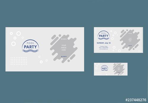 Pool Party Social Media Cover and Post Layouts with Wave and Bubble Elements - 237448276
