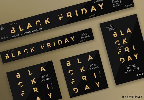 Black Friday Web Banner Layouts with Gold Elements - 232561947
