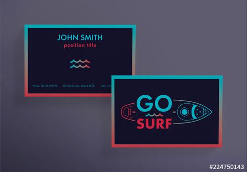 Business Card Layout with Surfboard and Wave Elements - 224750143