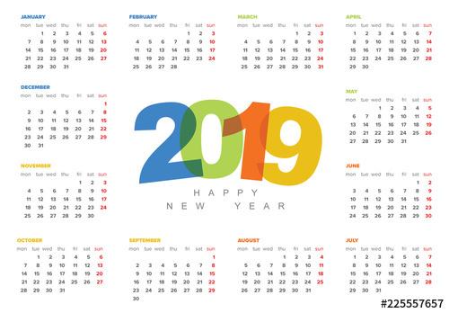 2019 Calendar Layout with Colorful Text - 225557657