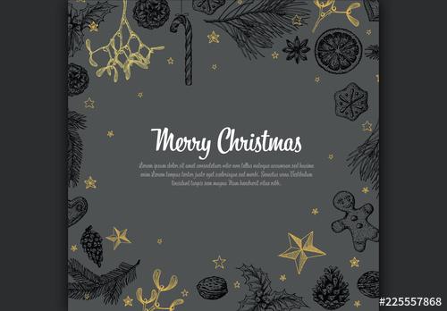 Christmas Card Layout with Hand-Drawn Illustrations - 225557868