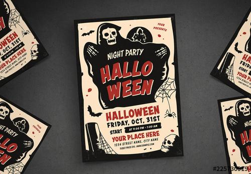 Halloween Party Flyer Layout with Grim Reaper Illustration - 225730919