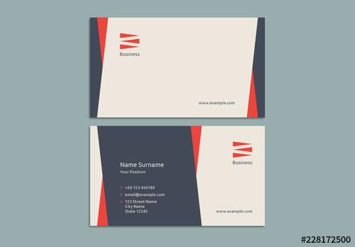Business Card Layout with Red and Blue Elements - 228172500
