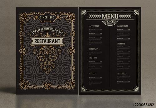 Restaurant Menu Layout with Ornamental Elements - 223065482