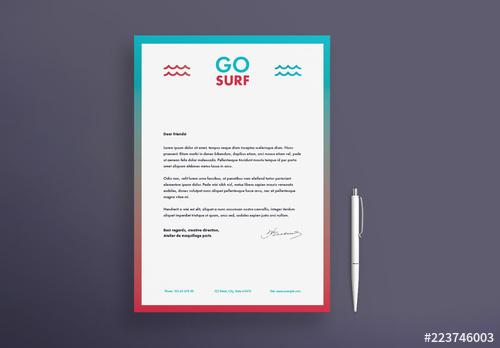 Letterhead Layout Set with Surfboard And Waves Elements - 223746003