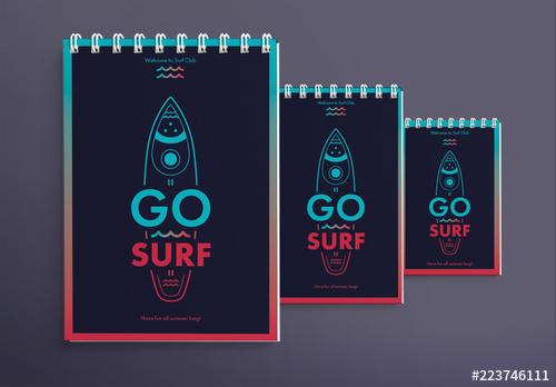 Notebook Cover Layout Set with Surfboard And Wave Elements - 223746111