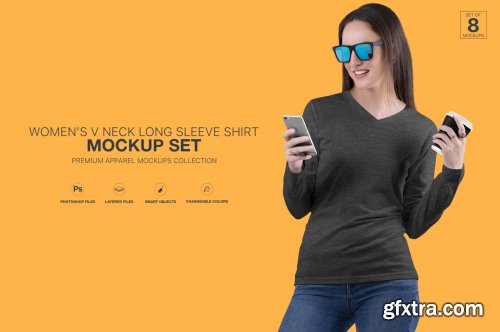 Women\'s V Neck Long Sleeve Shirt Mockup Set