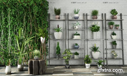 Modern green plant potted wall decoration combination 3D model