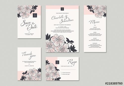 Wedding Invitation Set with Hand-Drawn Floral Elements - 218389760