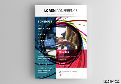 Conference Flyer Layout with Colorful Spiral Photo Placeholder - 215994021