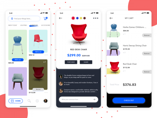 Home, Product Details and My Cart design concept for Furniture app