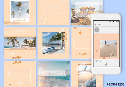 Set of 15 Social Media Posts Layouts with Hand Drawn Travel Doodles - 265673252
