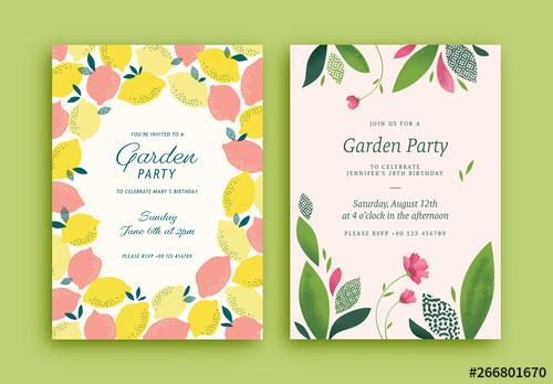 Garden Party Invitation Layouts with Lemon and Plant Illustrations - 266801670