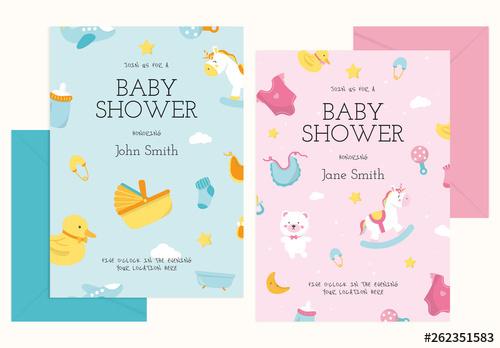 Baby Shower Invitation Card Design Layout with Illustrative Elements - 262351583