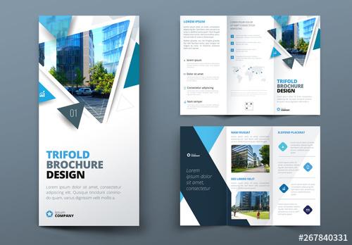 Blue Trifold Brochure Layout with Triangles - 267840331