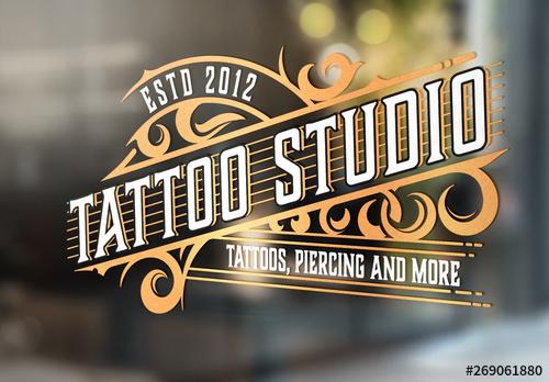 Vintage Tattoo Logo Layout with Gold Elements - 269061880