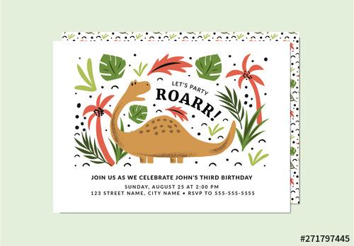 Dinosaur Party Invitation Layout with Graphic Illustrations - 271797445