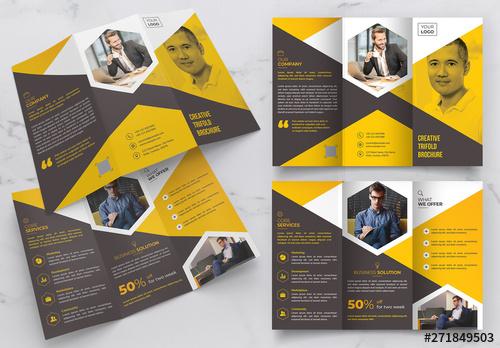 Trifold Yellow Brochure Layout with Hexagon Geometric Photo Masks - 271849503