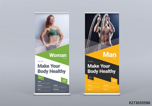 Roll Up Banner Layouts with Colored Triangle Designs - 273035586