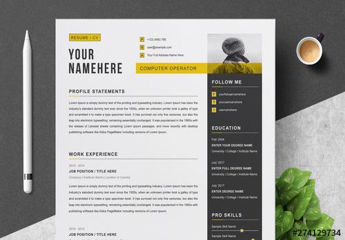 Resume and Cover Letter Layout with Grey and Yellow Accents - 274129734