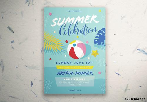Summer Celebration Poster Layout with Illustrative Elements - 274984337